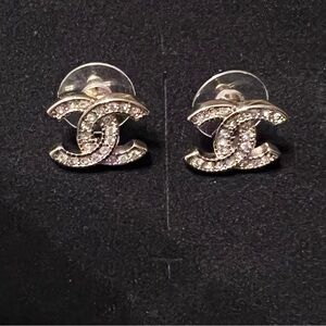 CHANEL Silver Crystal CC Logo Earrings